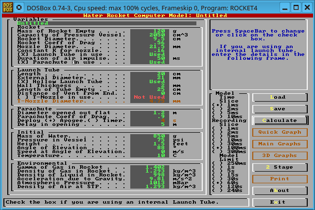 Water Rocket Computer Model running on a modern machine in an emulator.